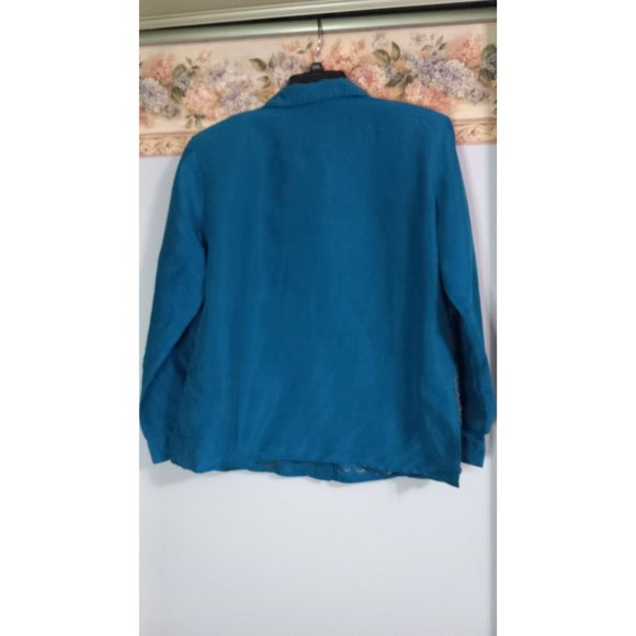 Christina Hope Medium Turquoise Blue Embroidered Silk Vintage Button Down Shirt - Picture 7 of 7